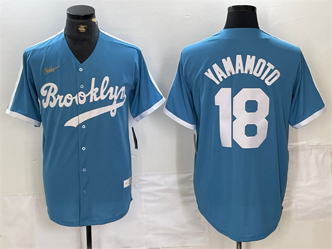 Los Angeles Dodgers #18 Yoshinobu Yamamoto Light Blue Throwback Cool Base Stitched Jersey